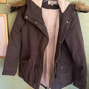 Bluish Gray Removable Fur Trim Anorak Jacket